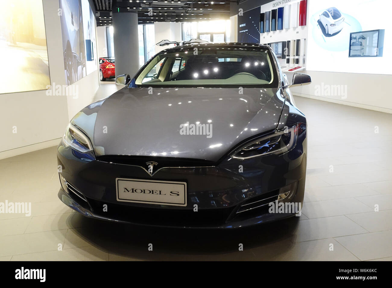 File A Tesla Model S Electric Car Is On Display At A