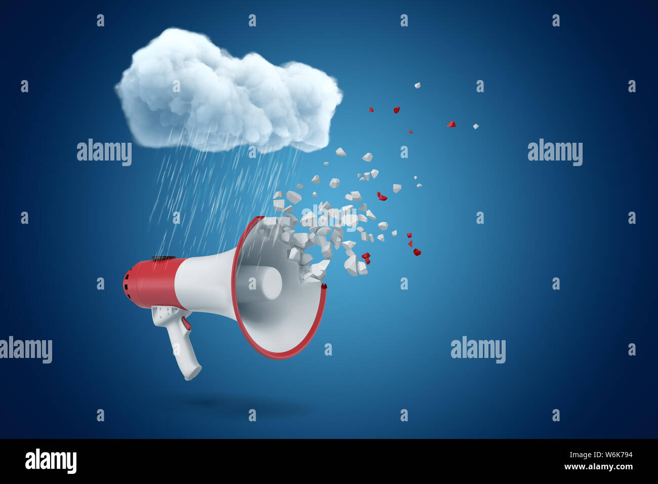 3d rendering of white cloud above red and white megaphone shattering into small pieces on blue background Stock Photo