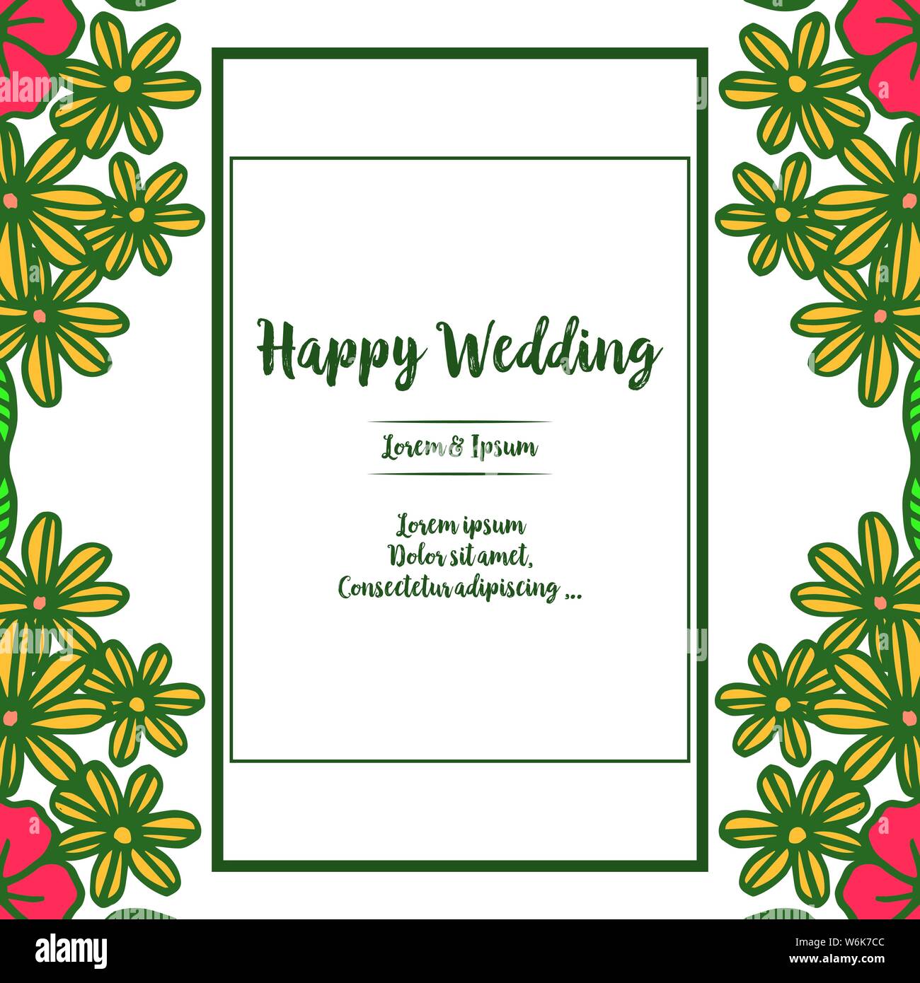Decoration banner, poster, with lettering of happy wedding, ornate red