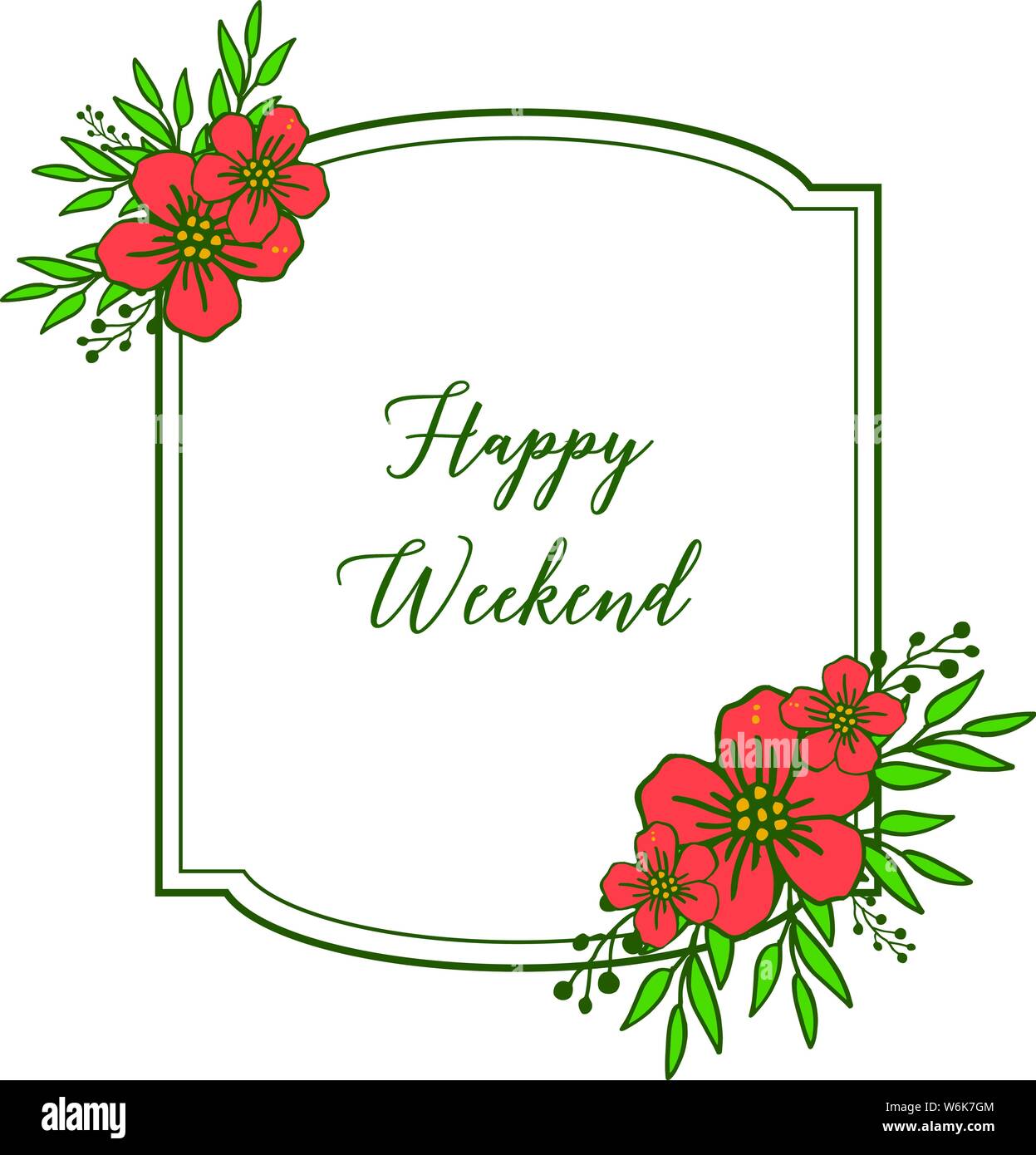 Design Template Banner For Happy Weekend, With Plants Decoration, Green 