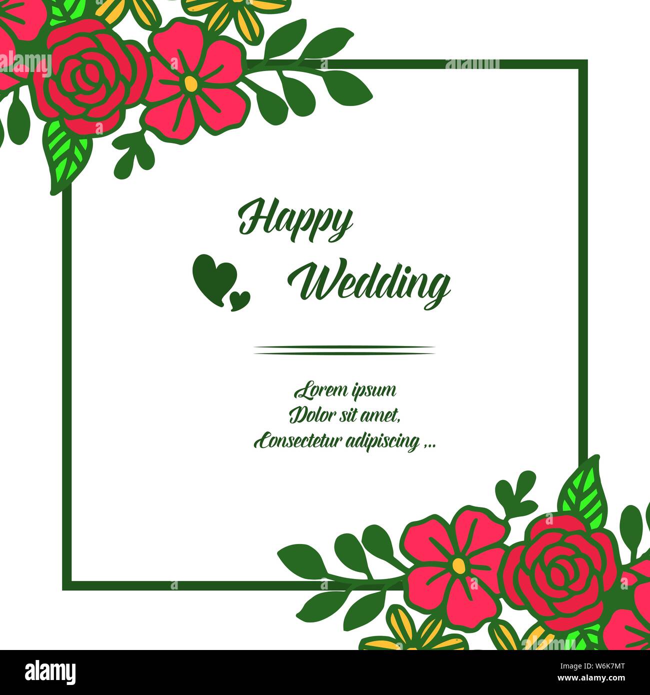 Decoration banner, poster, with lettering of happy wedding, ornate red