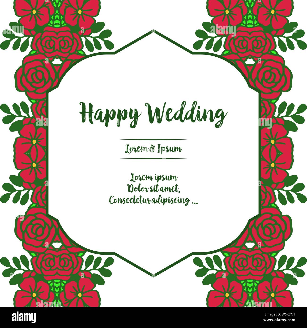 Decoration banner, poster, with lettering of happy wedding, ornate red