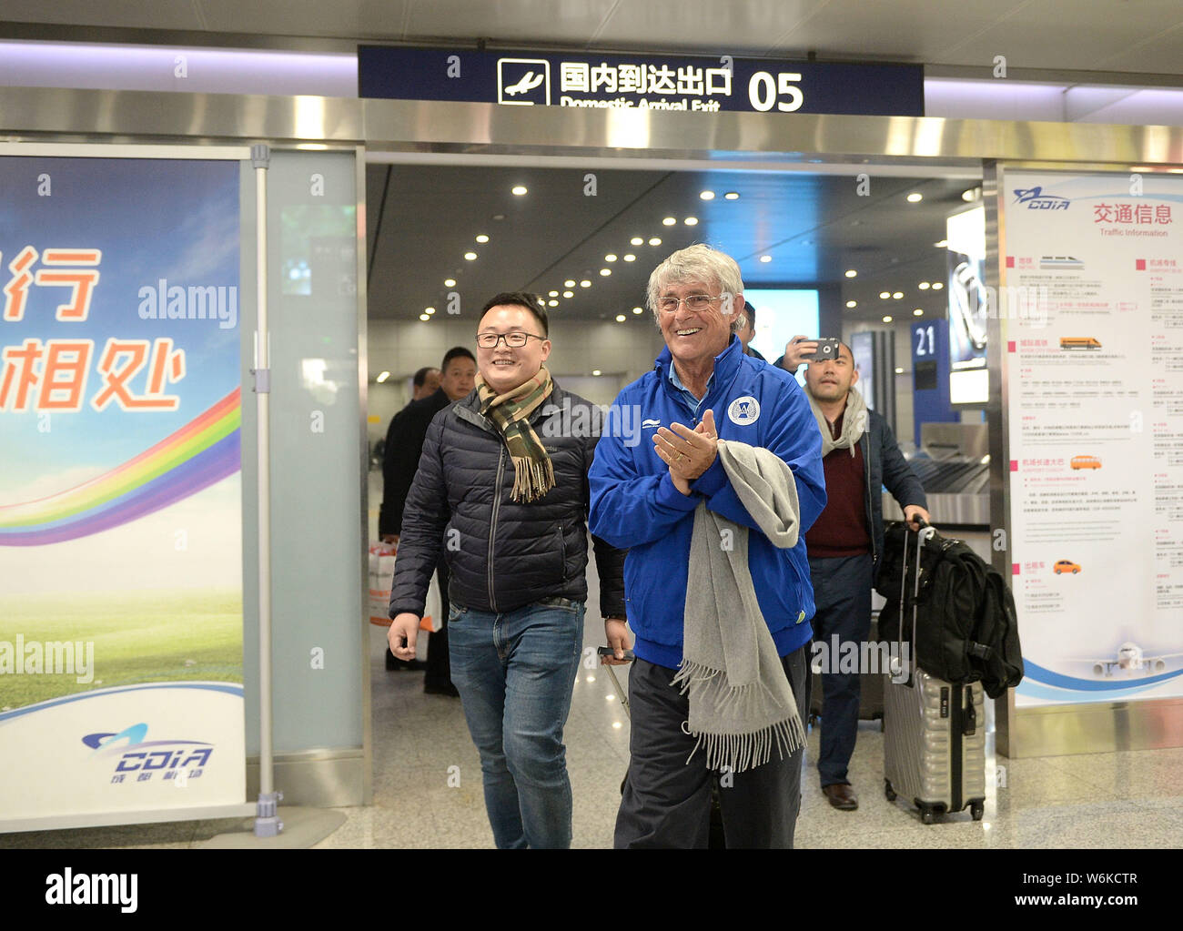 Serbian football coach and former player Bora Milutinovic is pictured as he arrives at the Chengdu Shuangliu International Airport in Chengdu city, so Stock Photo