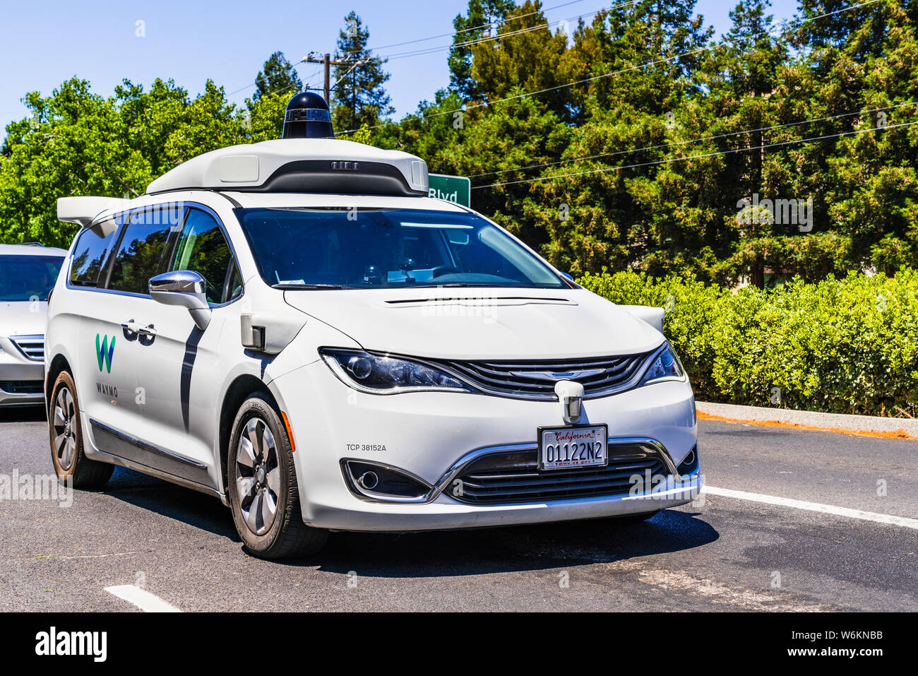 July 2, 2019 Mountain View / CA / USA - Waymo self driving car performing tests on a street near Google's headquarters, Silicon Valley; Waymo, a subsi Stock Photo