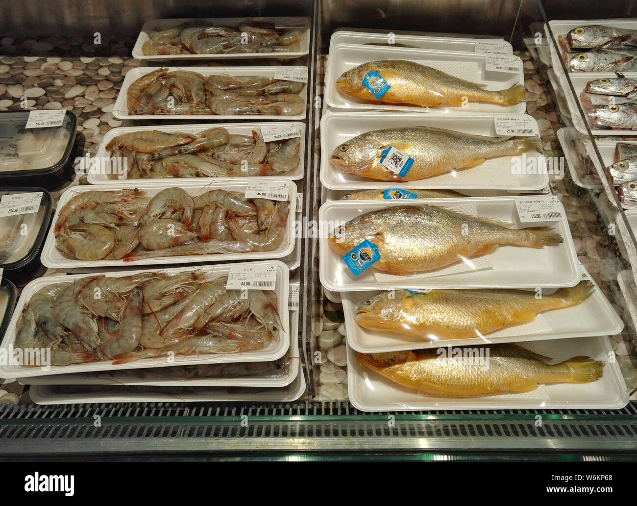 View of fresh seafood for sale at the first physical store of "7Fresh