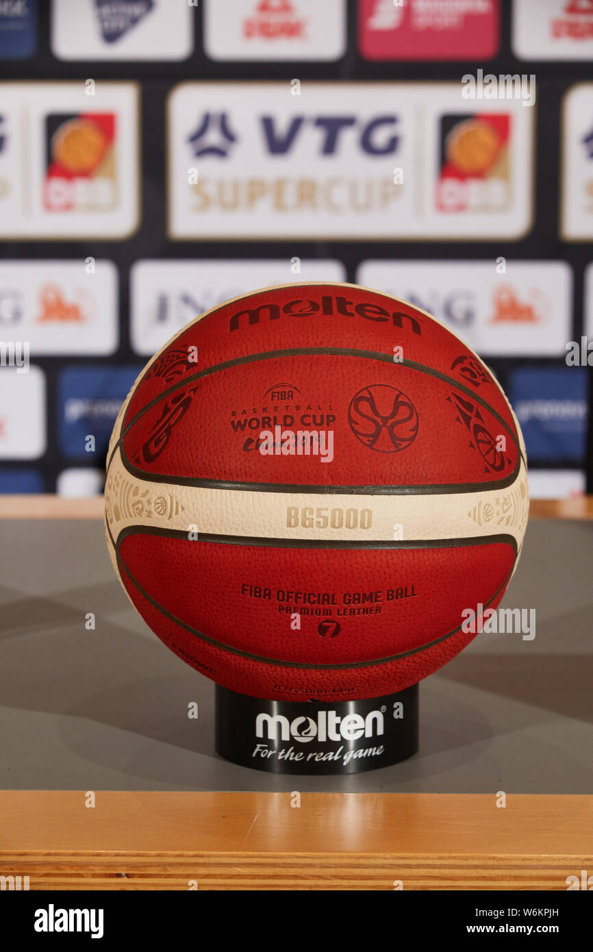 Hamburg, Germany. 01st Aug, 2019. Basketball: World Championship: A  basketball with the inscription: "molten World Cup China 2019" is during a  press conference in Hamburg City Hall. Among other things, the official