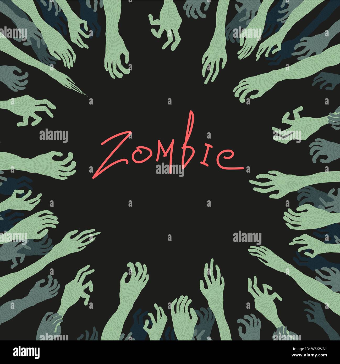 Halloween card with zomia hands. Vector cartoon illustration. Stock Vector