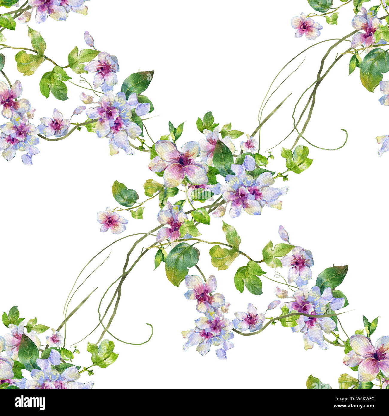 Watercolor painting of leaf and flowers, seamless pattern on white ...