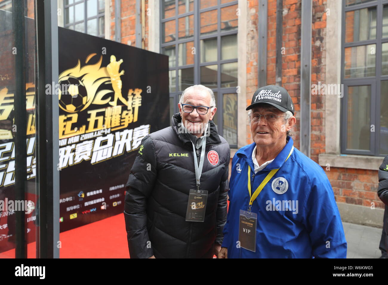 Serbian football coach and former player Bora Milutinovic, right, attends a press conference of Sina 5v5 Football Golden League Finals in Chengdu city Stock Photo
