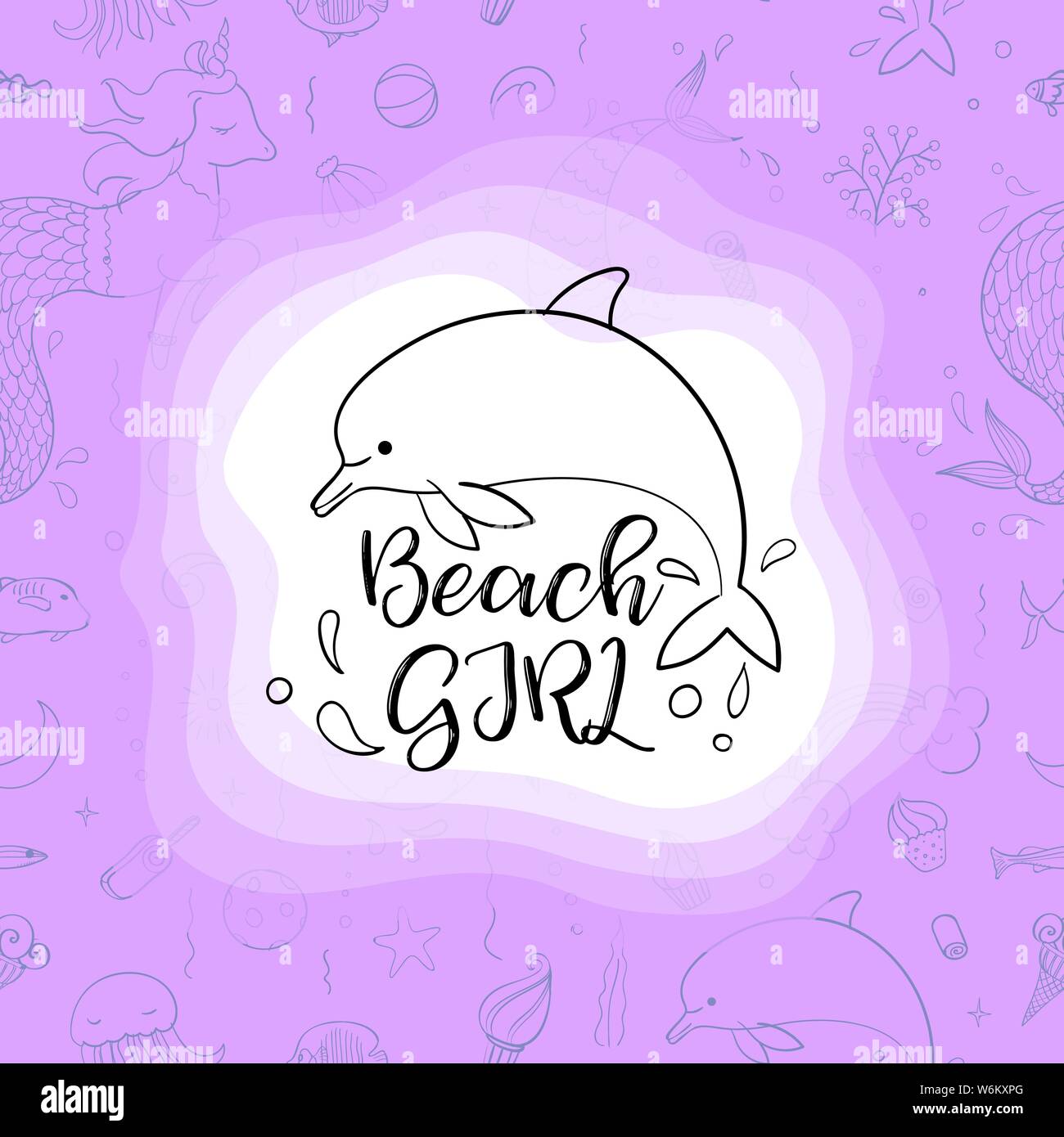 Typography design Beach girl. Seamless pattern with fantasy doodles of mermaid  theme. Decorative background for kids girl textile Stock Vector Image & Art  - Alamy