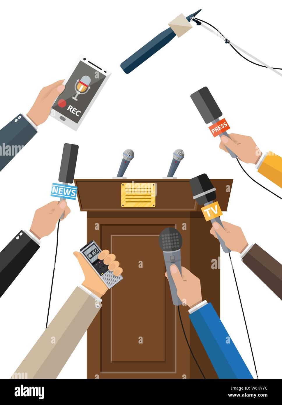 Rostrum, tribune and hands of journalists with microphones and digital