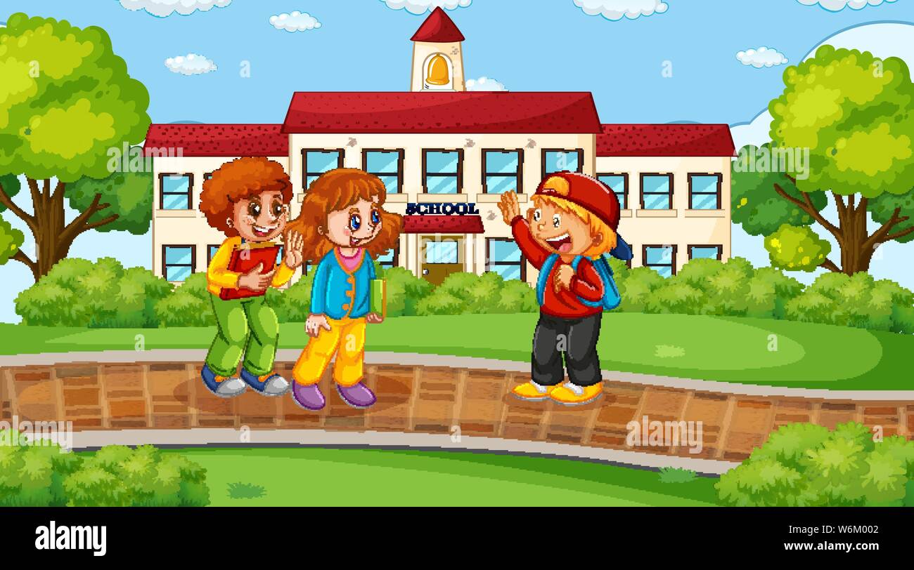 Kids infront of school scene illustration Stock Vector Image & Art - Alamy
