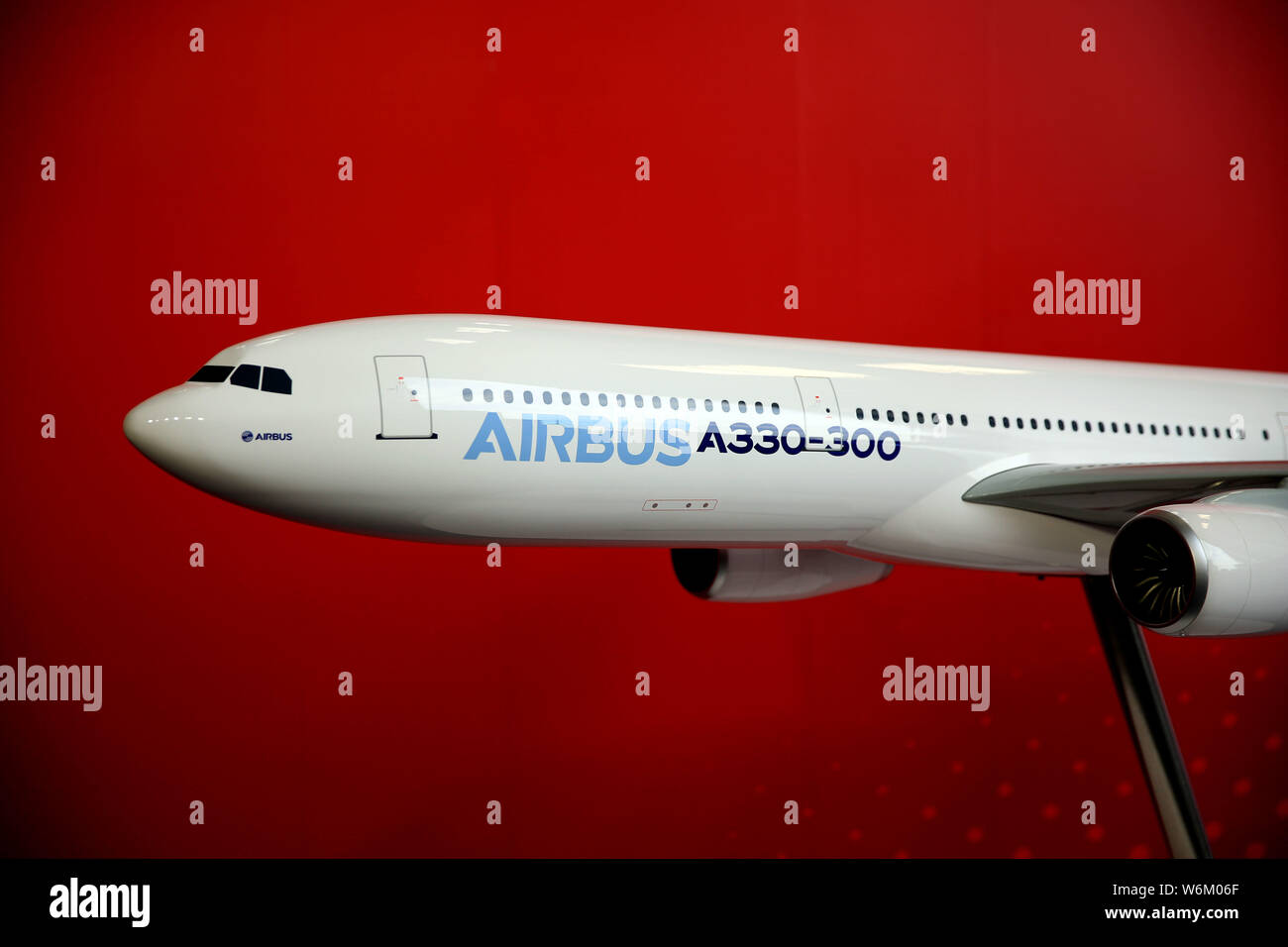 --FILE--A model plane of Airbus A330-300 is on display during the Tianjin Center Inauguration Ceremony and First Aircraft Delivery Ceremony in Tianjin Stock Photo