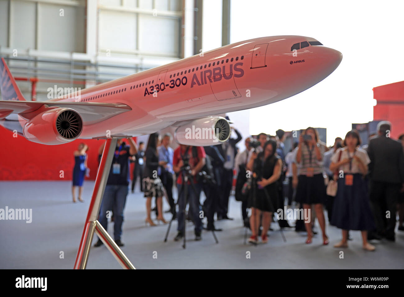 --FILE--A model plane of Airbus A330-300 is on display during the Tianjin Center Inauguration Ceremony and First Aircraft Delivery Ceremony in Tianjin Stock Photo