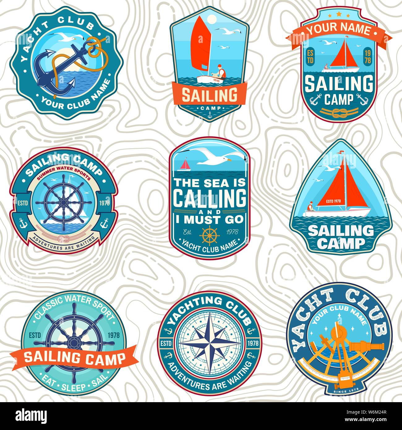 Set Of Summer Sailing Camp Patches Vector Concept For Shirt Print Stamp Or Tee Vintage Typography