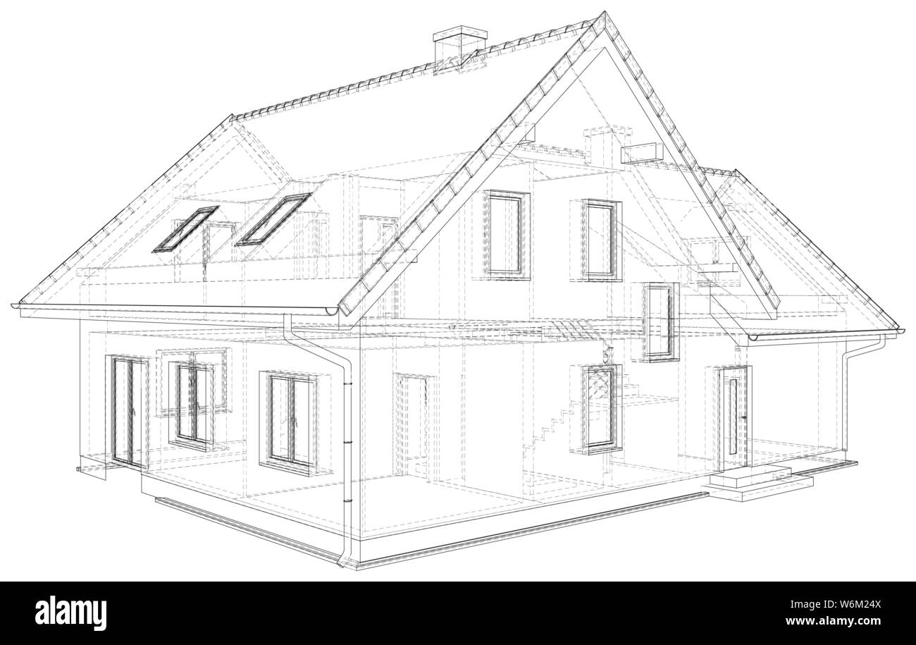 Perspective wireframe of house exterior. Vector created of 3d. Stock Vector