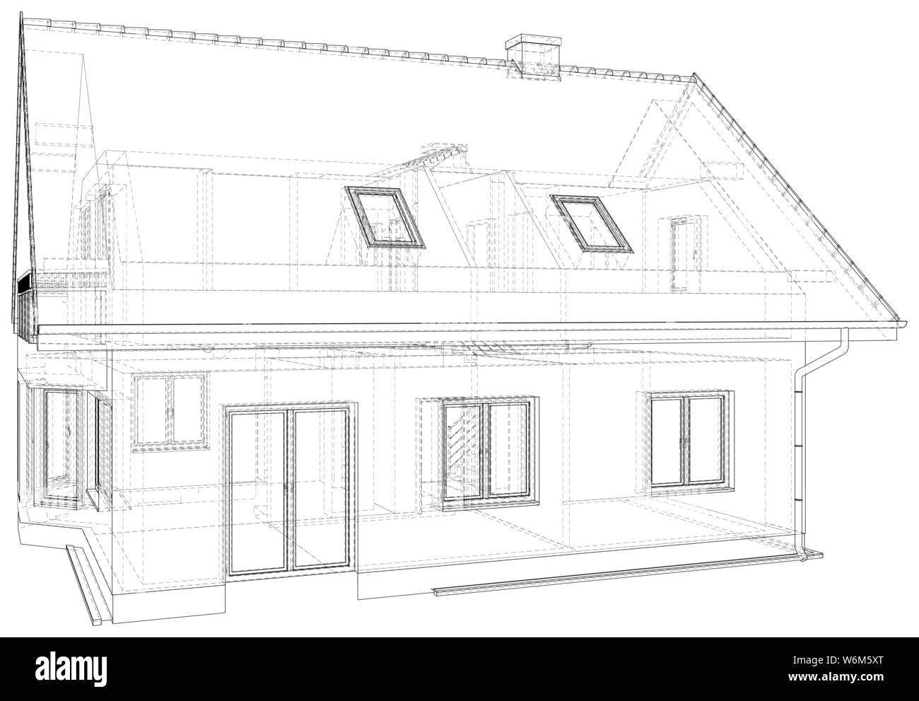 Wireframe blueprint drawing of 3D house - Vector illustration Stock Vector