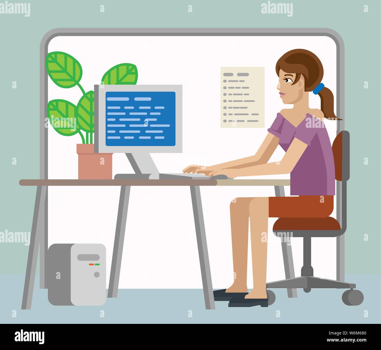 Woman Working at Desk In Office Cartoon Stock Vector