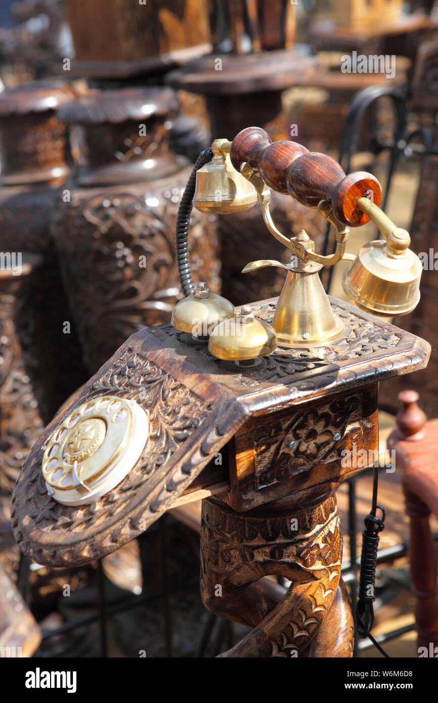 Wooden telephone for sale at Surajkund Crafts Mela, Surajkund, Faridabad, Haryana, India Stock Photo