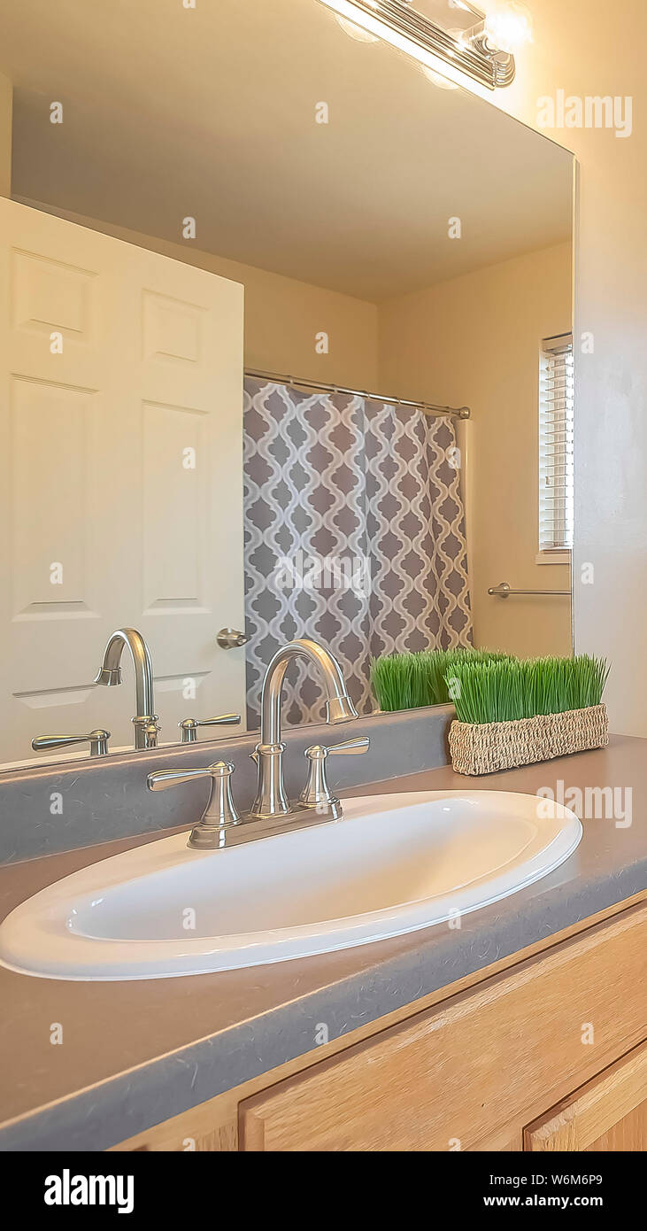 Vertical frame Bathroom interior with close up of sink and mirror beside the toilet