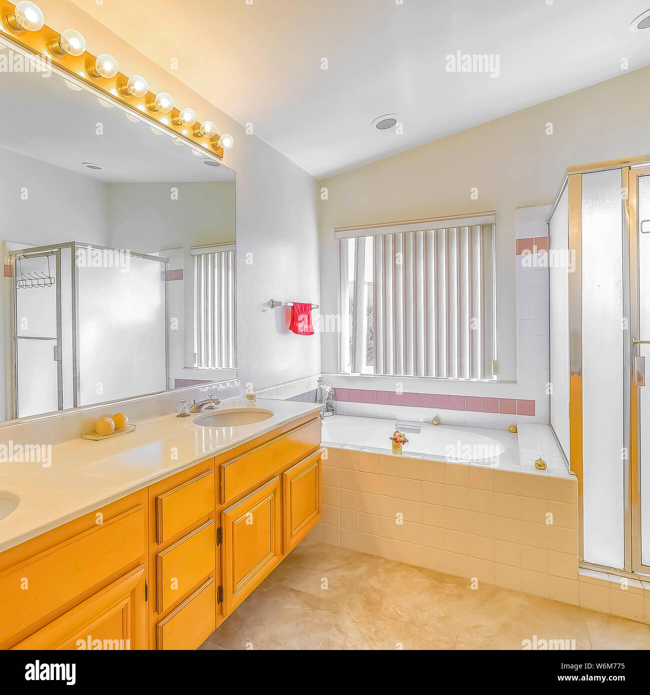 Shower Stall Built In Bathtub And Vanity With Double Sink Inside A