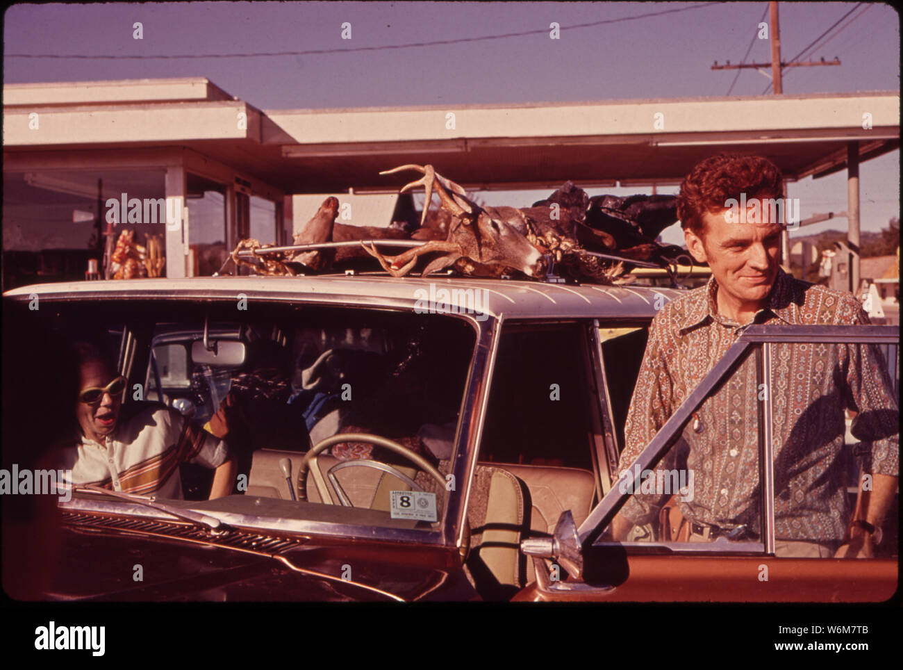 THE FIRST DEER CASUALTY OF THE HUNTING SEASON IS TIED TO TOP OF