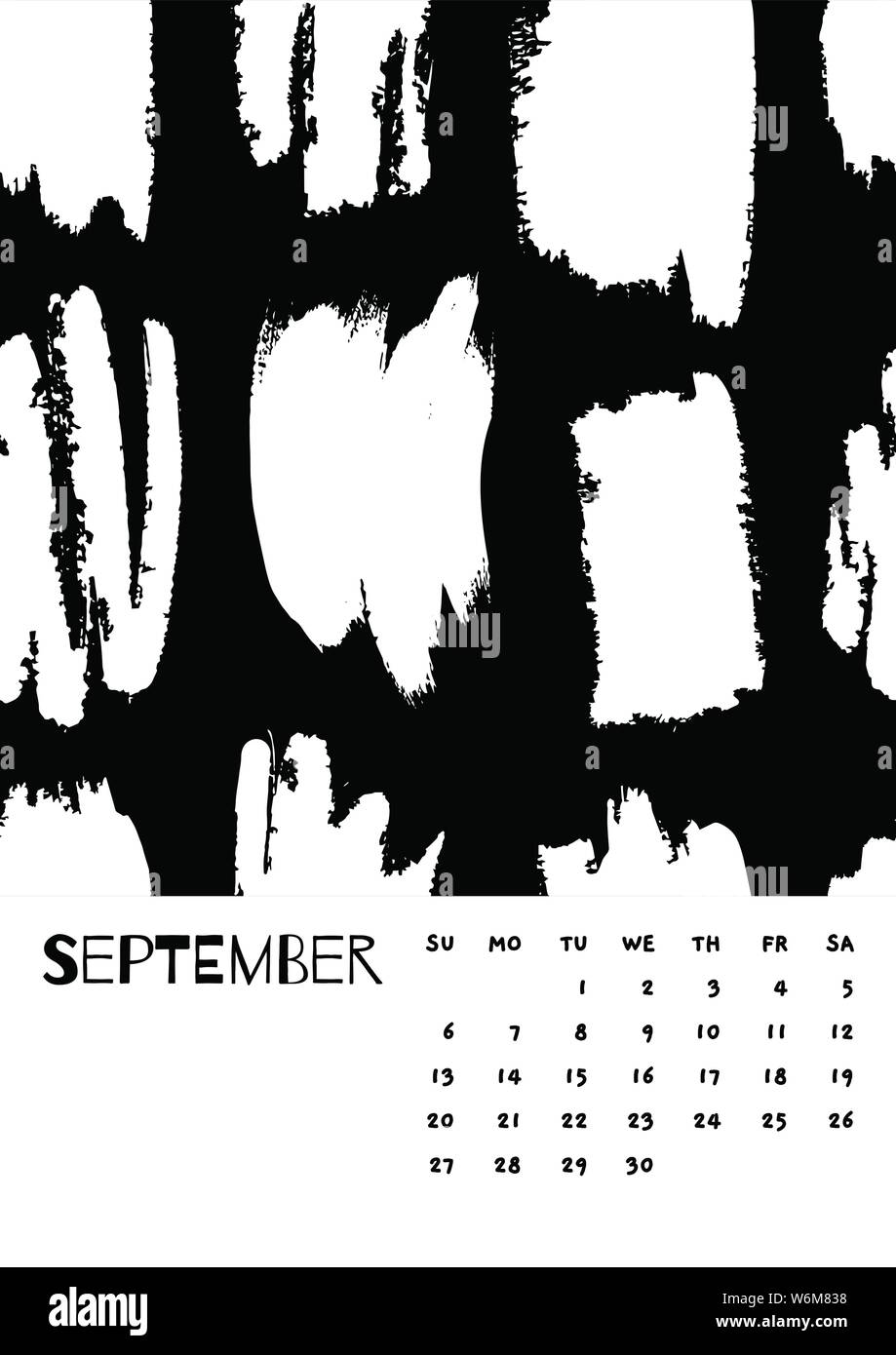 2020 September English Calendar Abstract Vector Hand Draw brush strokeblack and white. Week starts Sunday. Monochrome minimalism style. Poster calendar flyer, printing media, brochure A3, A4, A5 Stock Vector