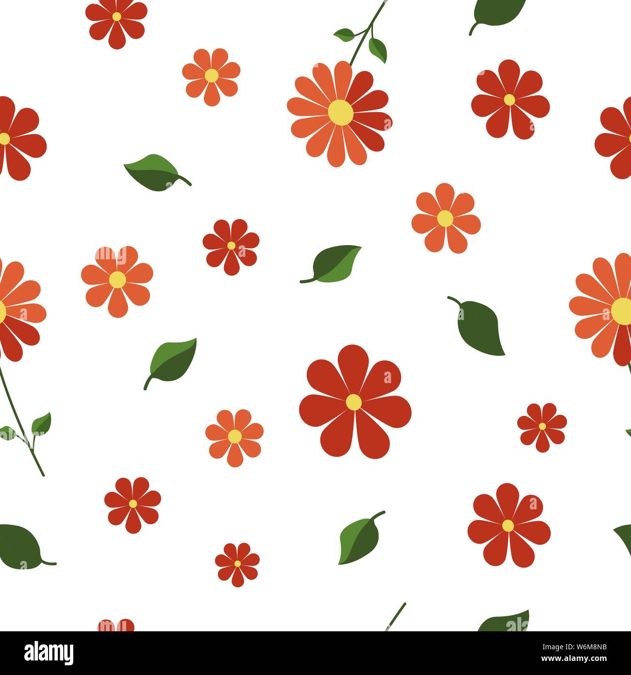 Vector seamless pattern with red orange flowers and green leaves ...