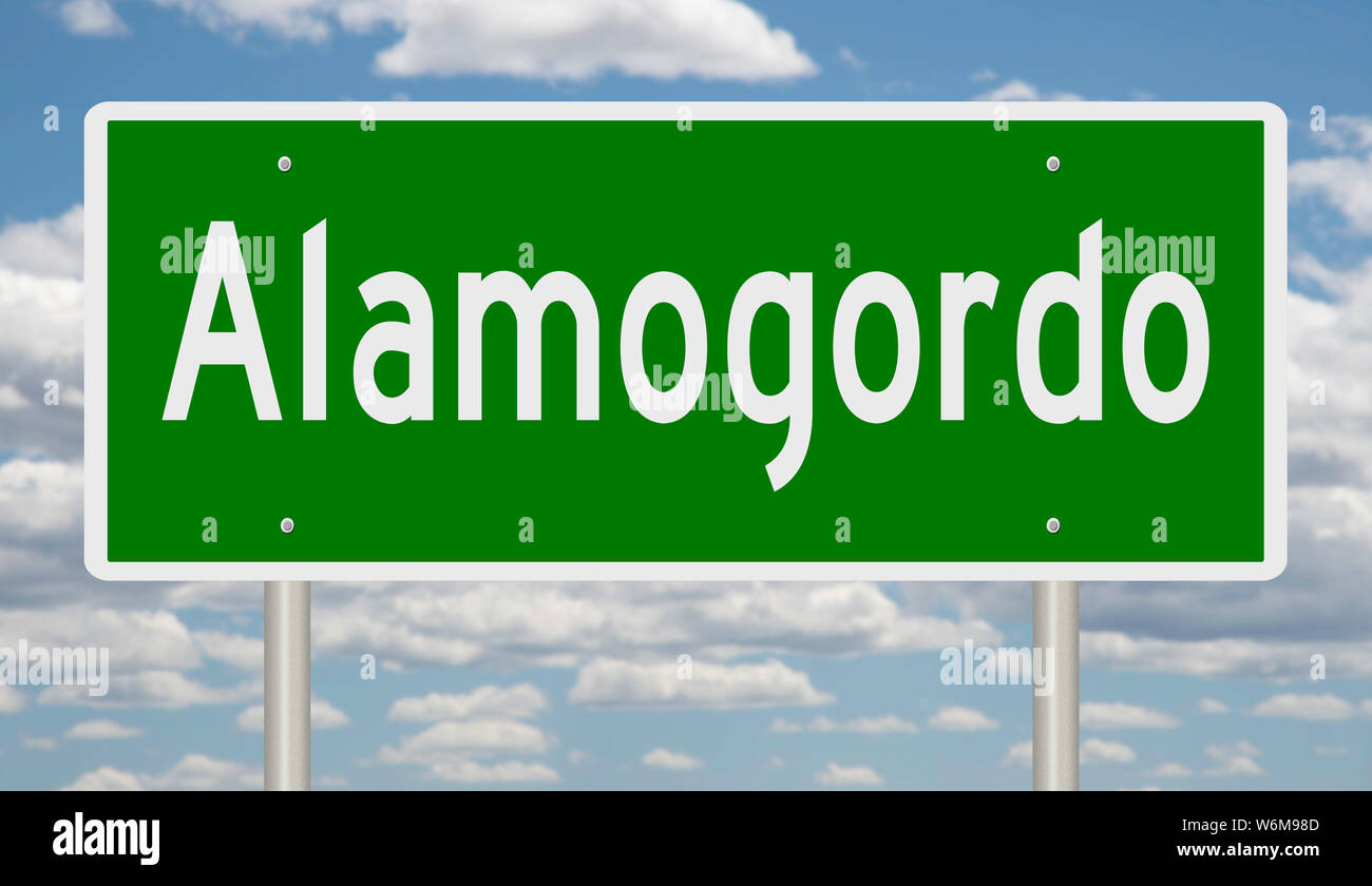 Rendering of a green highway sign for Alamogordo New Mexico Stock Photo