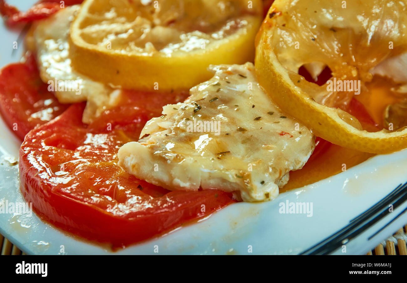 Cod Fish Skillet Mediterranean PanSeared Cod in White Wine Tomato Basil Sauce Stock Photo Alamy