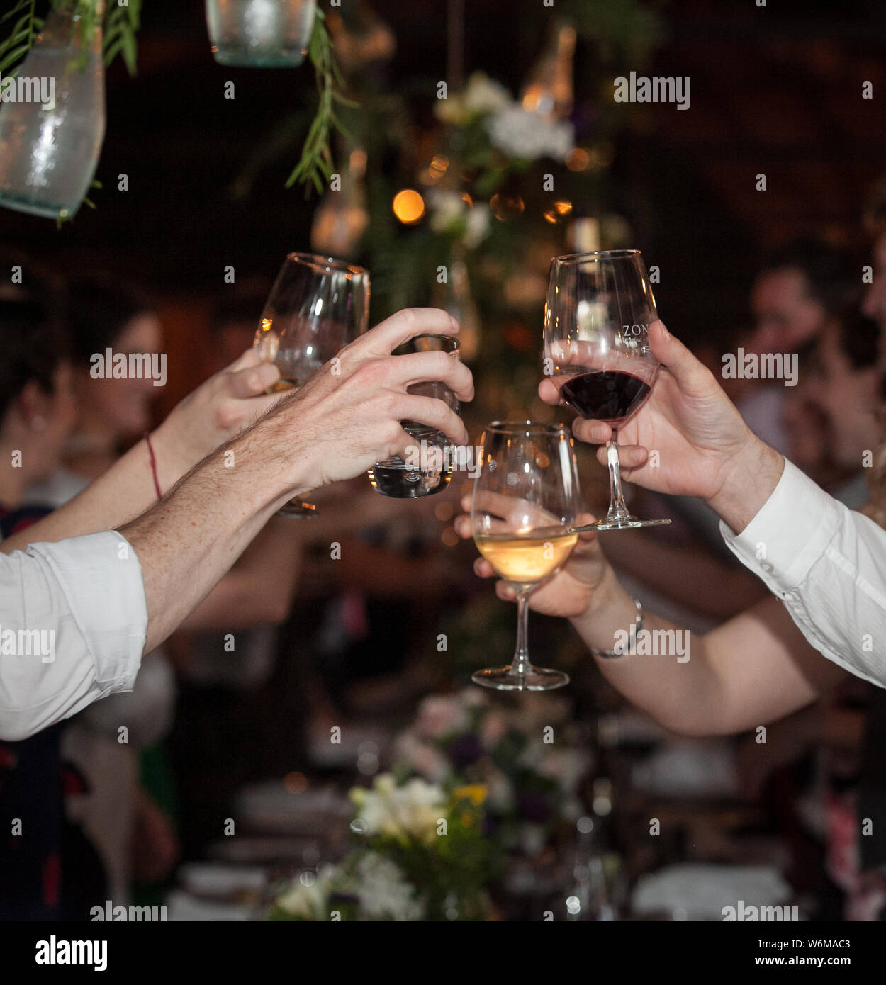 Friends clinking wine glasses in cheers Stock Photo