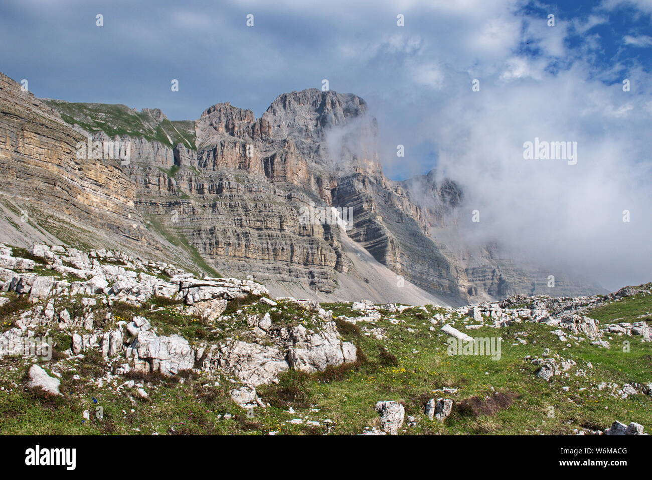 Scenic landscape of Dolomites mountains in Italy. Brenta Dolomites and it's rocky environment Stock Photo