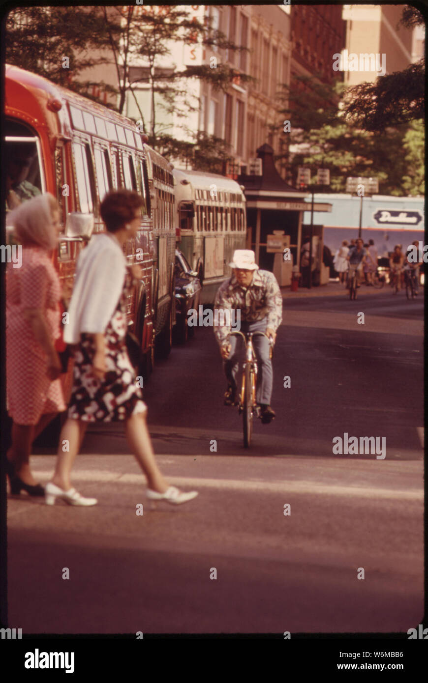 TRANSPORTATION MODES ON NICOLLET MALL--BUS, BICYCLE, AND FOOT Stock Photo