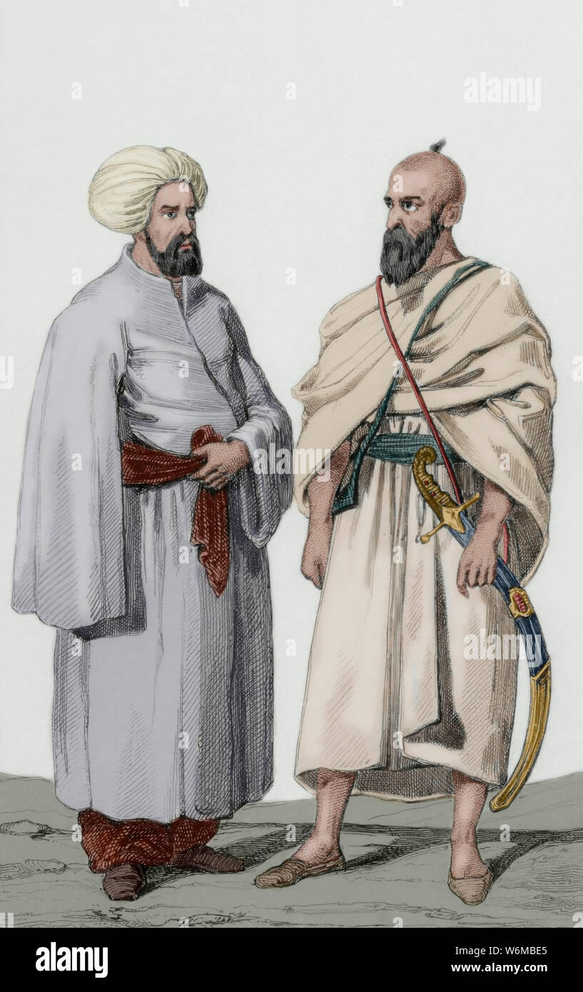 History of Arabia. From left to right: Guardian of the Sepulcher of the Prophet and Mohammedan dressed with the mantle Jeran in the days of pilgrimage. Engraving by Vernier. Lemaitre direxit. Panorama Universal. History of Arabia, 1851. Later colouration. Stock Photo