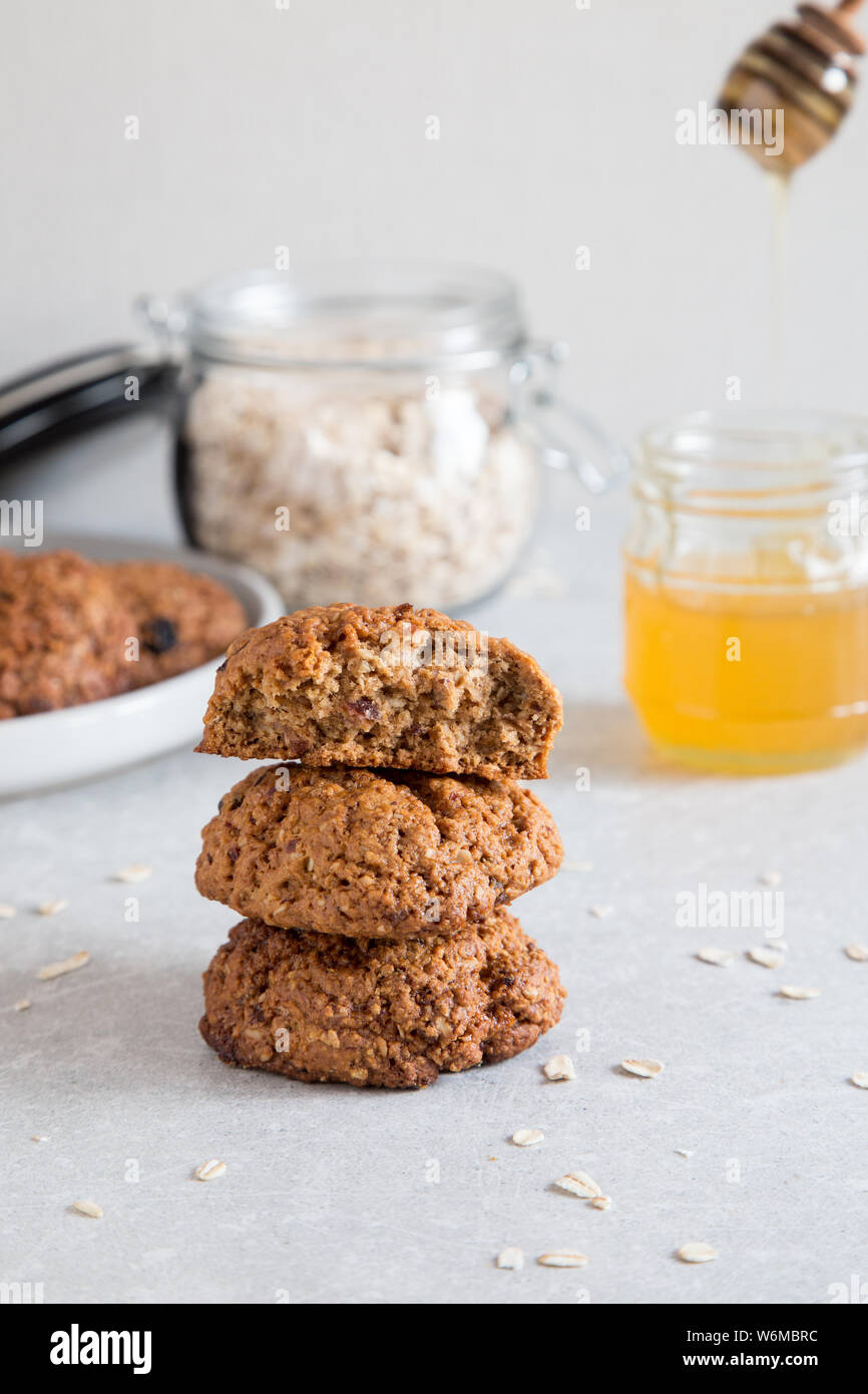 Homemade oatmeal cookies with honey. Healthy Food Snack Concept Stock