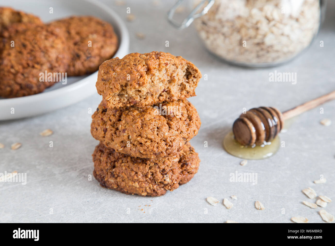 Homemade oatmeal cookies with honey. Healthy Food Snack Concept Stock Photo