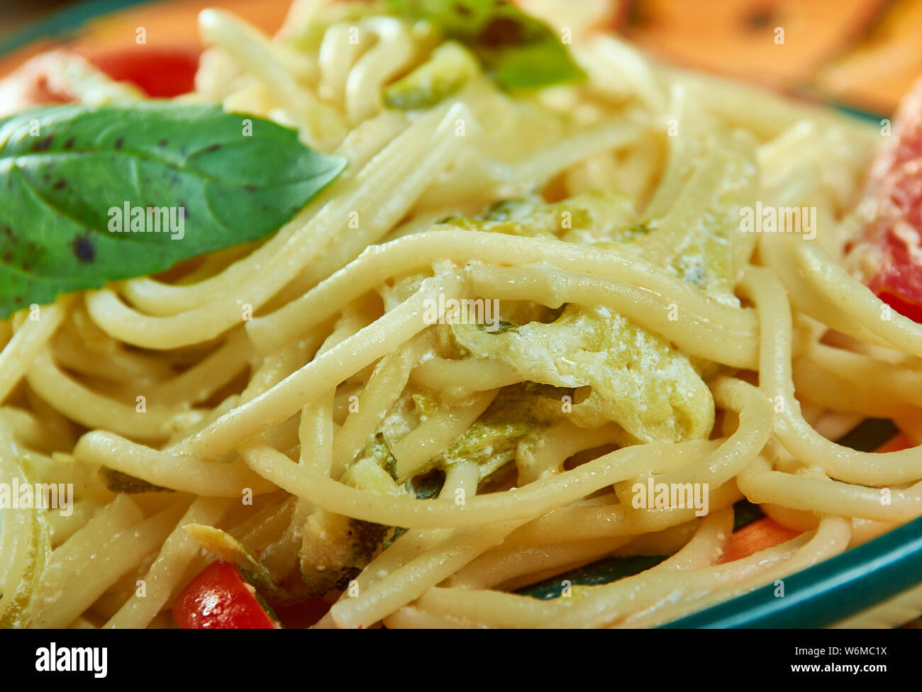 Sun Dried Tomato Alfredo With Zucchini Spaghetti close up Stock Photo