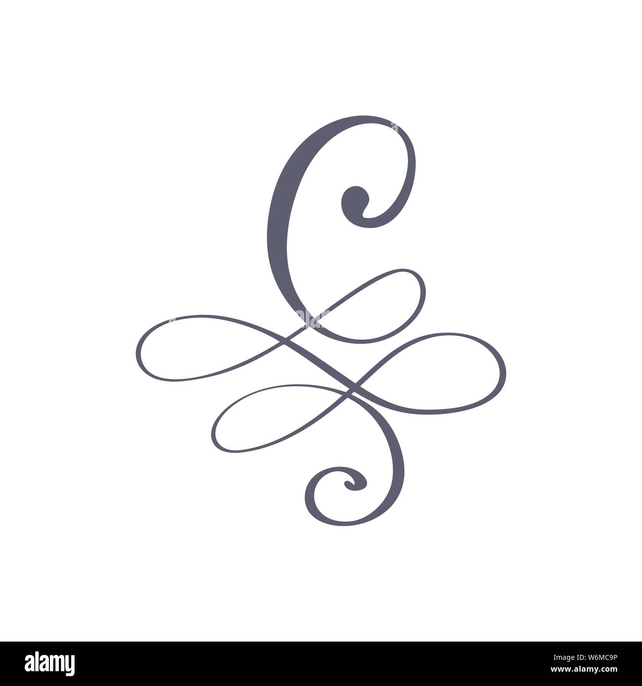 Vector Hand Drawn calligraphic floral C monogram or logo. Uppercase Hand Lettering Letter C with swirls and curl. Wedding Floral Design Stock Vector