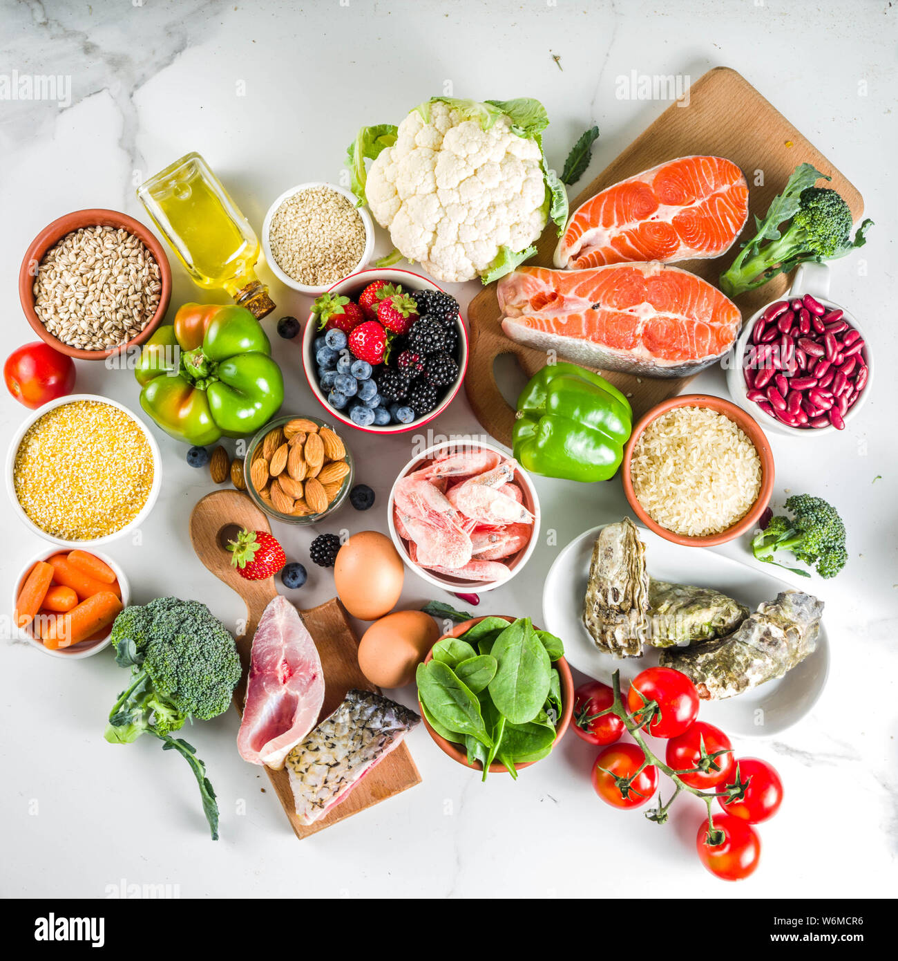 Pescetarian diet plan ingredients, healthy balanced grocery food, fresh