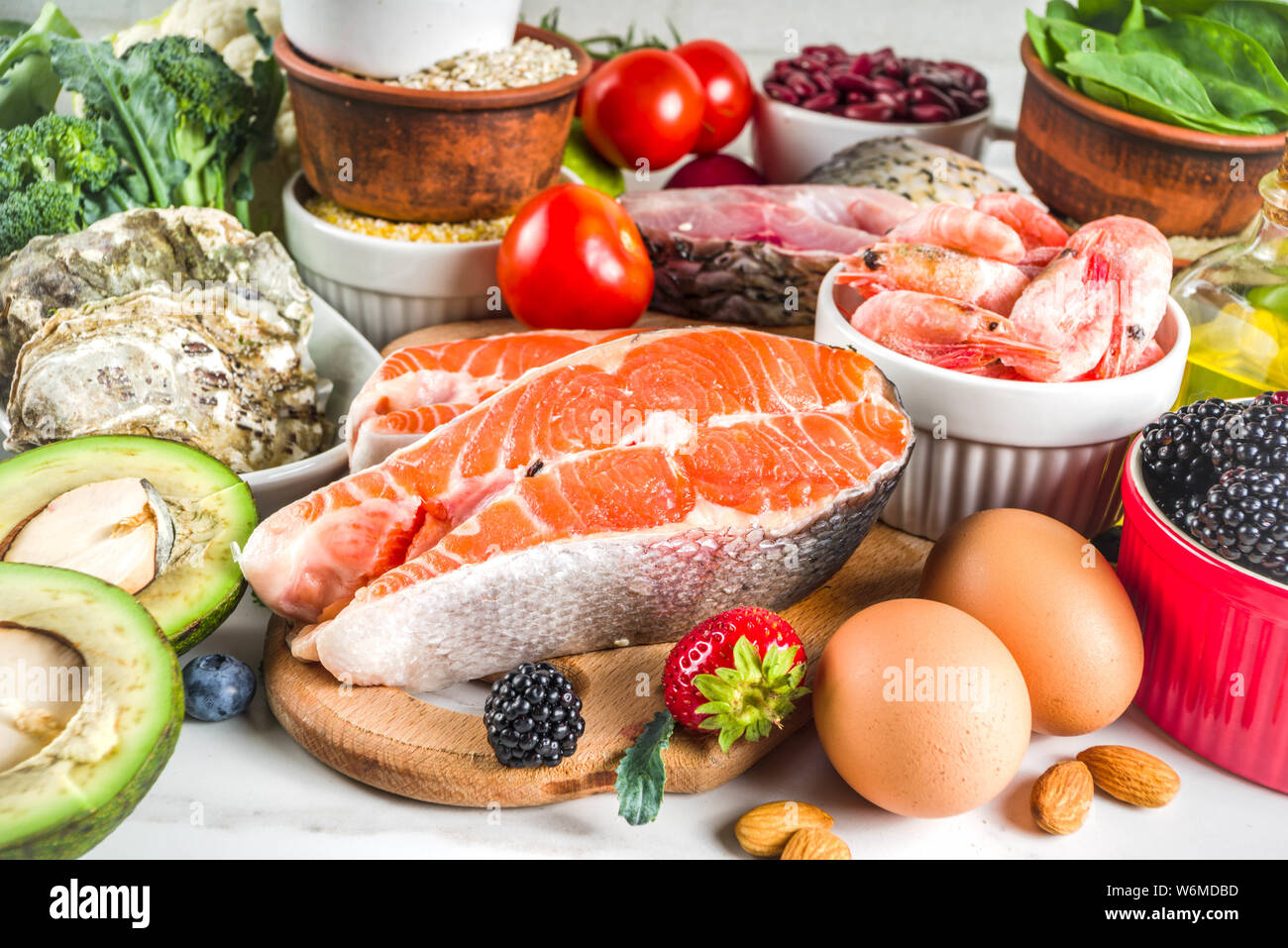 Pescetarian diet plan ingredients, healthy balanced grocery food, fresh