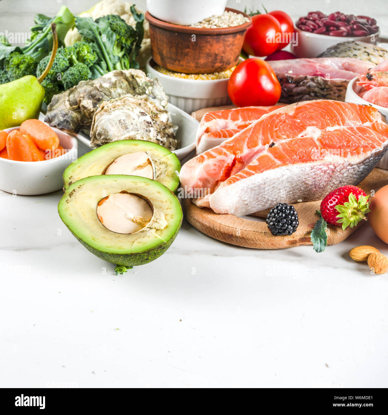 Pescetarian diet plan ingredients, healthy balanced grocery food, fresh