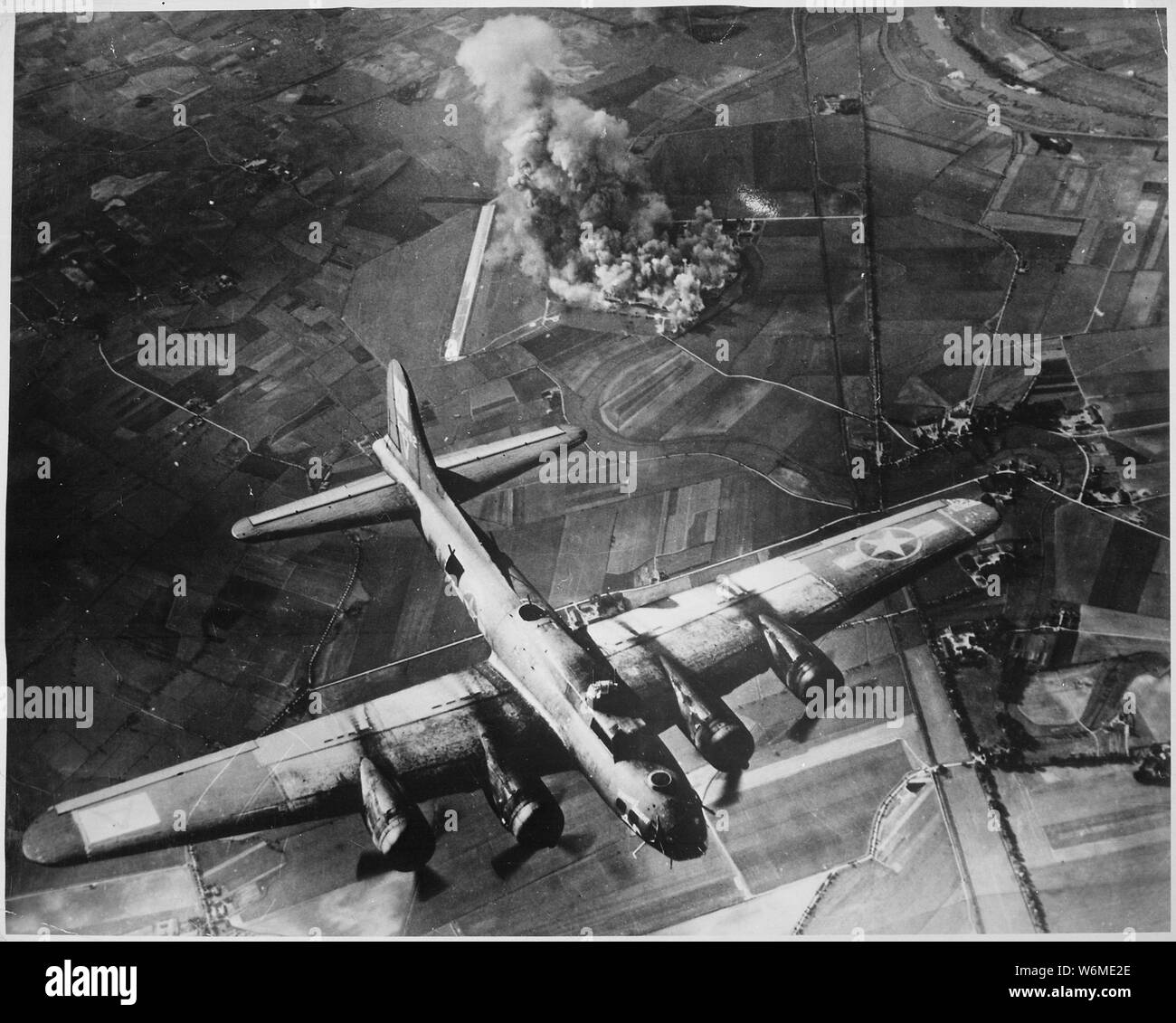 The first big raid by the 8th Air Force was on a Focke Wulf plant at Marienburg. Coming back, the Germans were up in full force and we lost at least 80 ships-800 men, many of them pals. Army Air Forces.; General notes:  Use War and Conflict Number 1087 when ordering a reproduction or requesting information about this image. Stock Photo