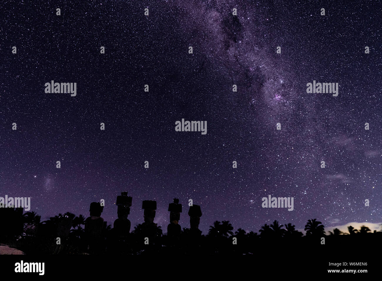 Milky Way Shows Above Moai On Easter Island Chile Stock Photo Alamy