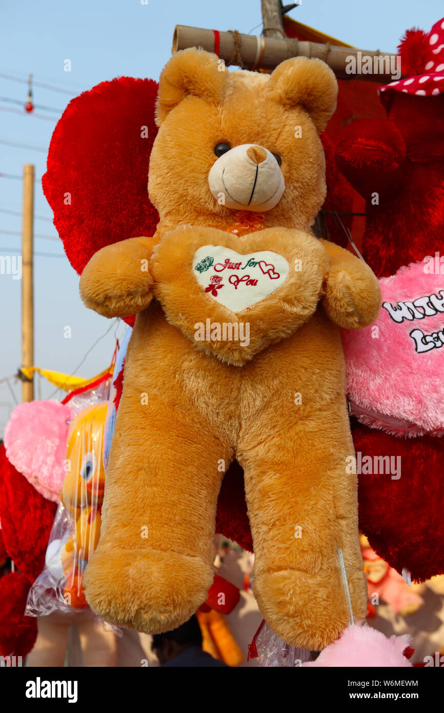 Teddy bear hanging for sale at Surajkund Crafts Mela, Surajkund, Faridabad, Haryana, India Stock Photo