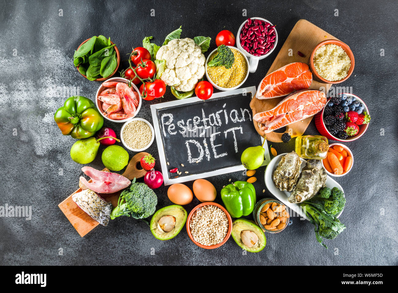 Pescetarian diet plan ingredients, healthy balanced grocery food, fresh