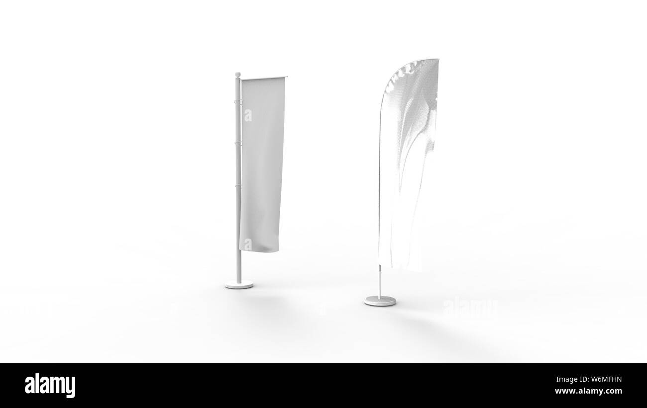 3D rendering of two promotional white flags isolated in white background. Stock Photo