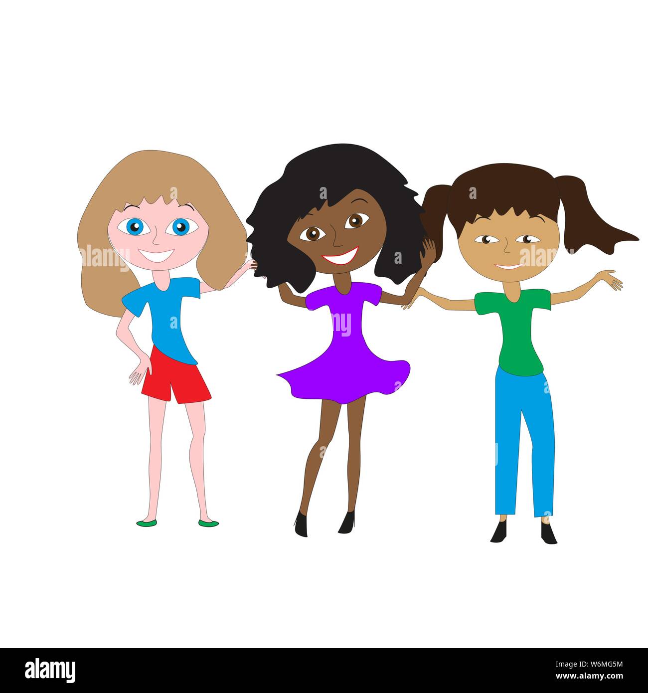 Three happy girls girlfriend different color race. Stock Vector