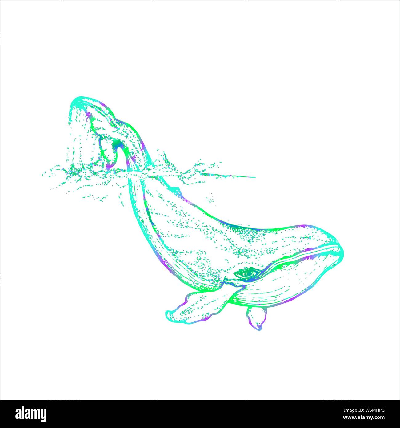 Color illustration of a whale raising tail in the sea waves. An idea ...