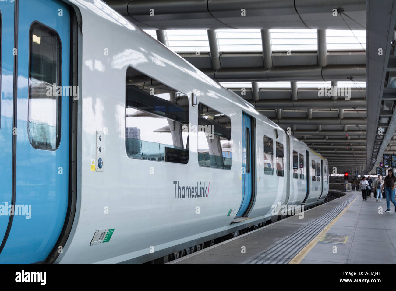 Close-up of a Network Rail ThamesLink train carriage at Cannon Street station, London, UK Stock Photo