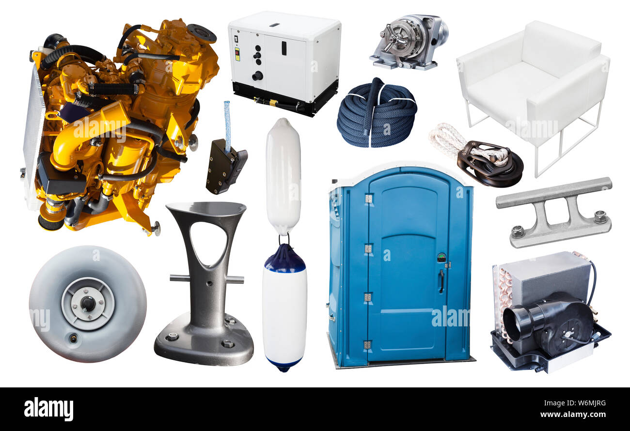 Yacht parts and supplies collage isolated at white background Stock